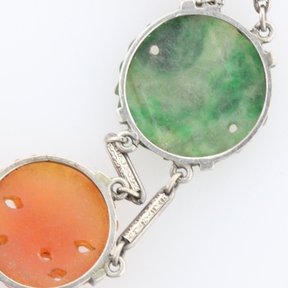 Sterling Silver Carved Floral Red Jadeite & Jade Hinged Bar Link Bracelet - 7.5" - Picture 5 of 8